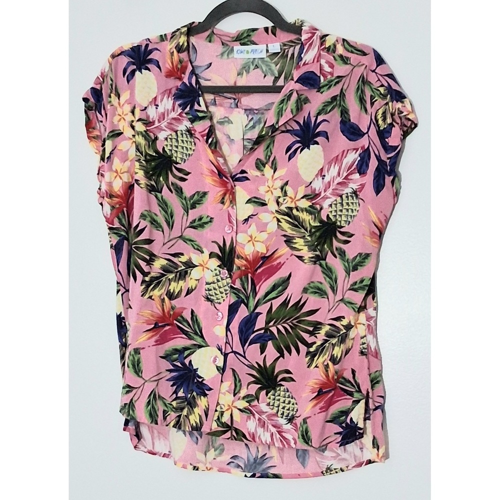 Kiwi Fresh Blouse Size Large Pink Button Up Tropical Floral Short Sleeve Preowne